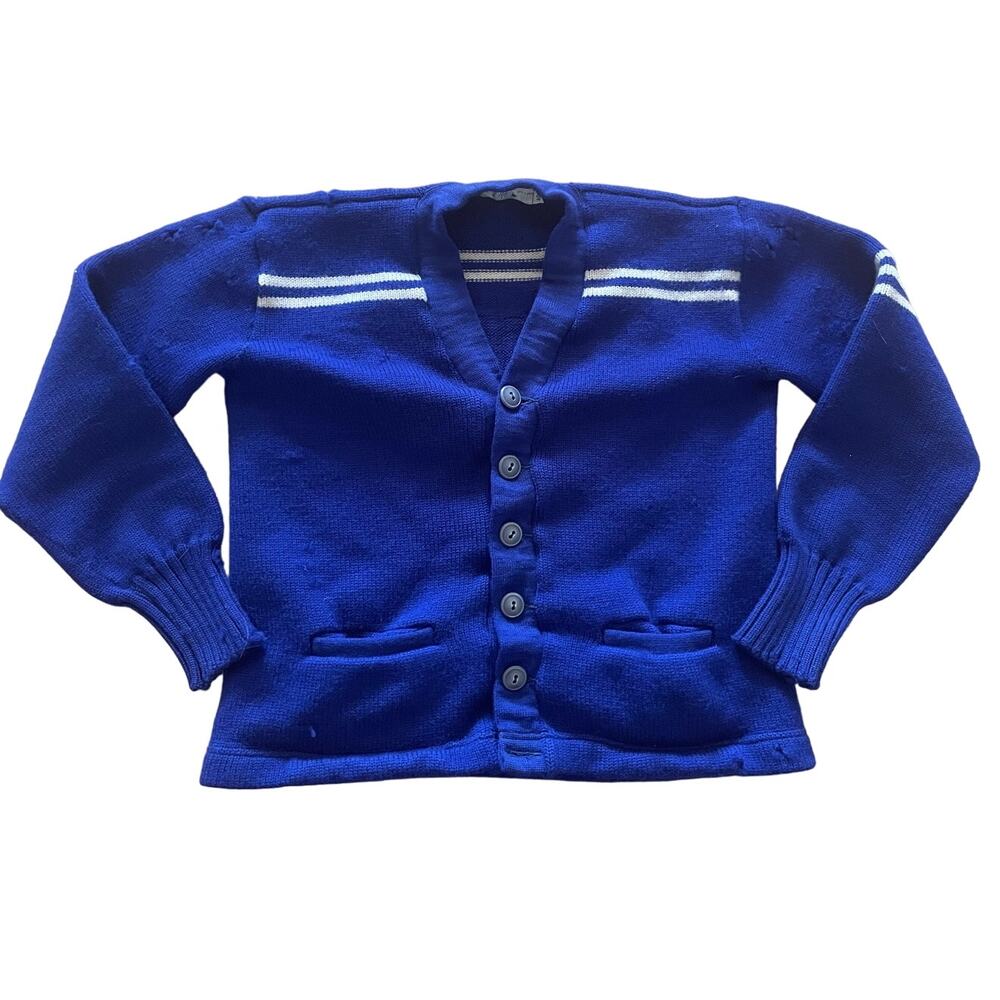 Vintage High School Knit Cardigan Blue White size 40